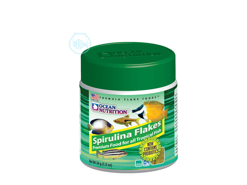 Ocean Nutrition Spirulina Flakes contiene salmón, camarón de salmuera y el krill 